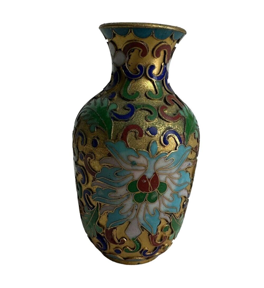 Chinese Cloisonne Enamel Gilded Small Decorative Floral Vase 3 Inch